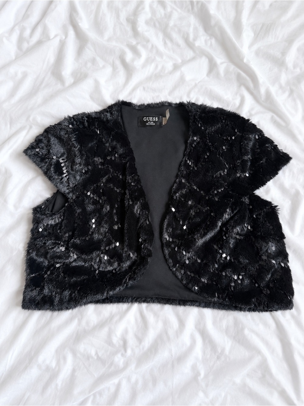 GUESS Black Sequin Faux Fur Capelet